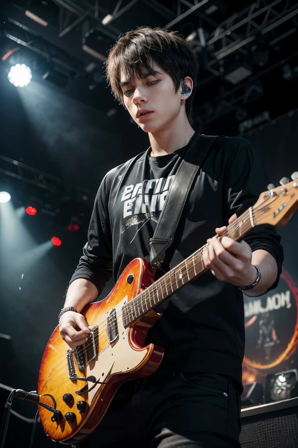 a young man playing electric guitar on stage,rock and roll,energetic,dynamic composition,dramatic lighting,concert,heavy metal,smoke effects,audience silhouettes in background,(best quality,4k,8k,highres,masterpiece:1.2),ultra-detailed,(realistic,photorealistic,photo-realistic:1.37),HDR,UHD,studio lighting,ultra-fine painting,sharp focus,physically-based rendering,extreme detail description,professional,vivid colors,bokeh,concert photography