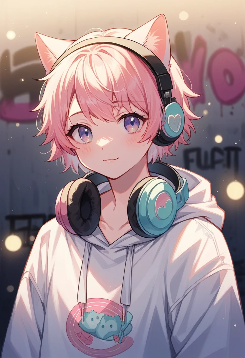 Cute cat dressed in a white hoodie with pastel pink accents, oversized headphones snugly fit around its neck, mid-action as it maneuvers through an urban setting, backdrop of graffiti-covered walls, contemporary streetwear fashion vibe, pastel tones, soft-focus background, bokeh lights, digital painting, ultra fine, ultra realistic