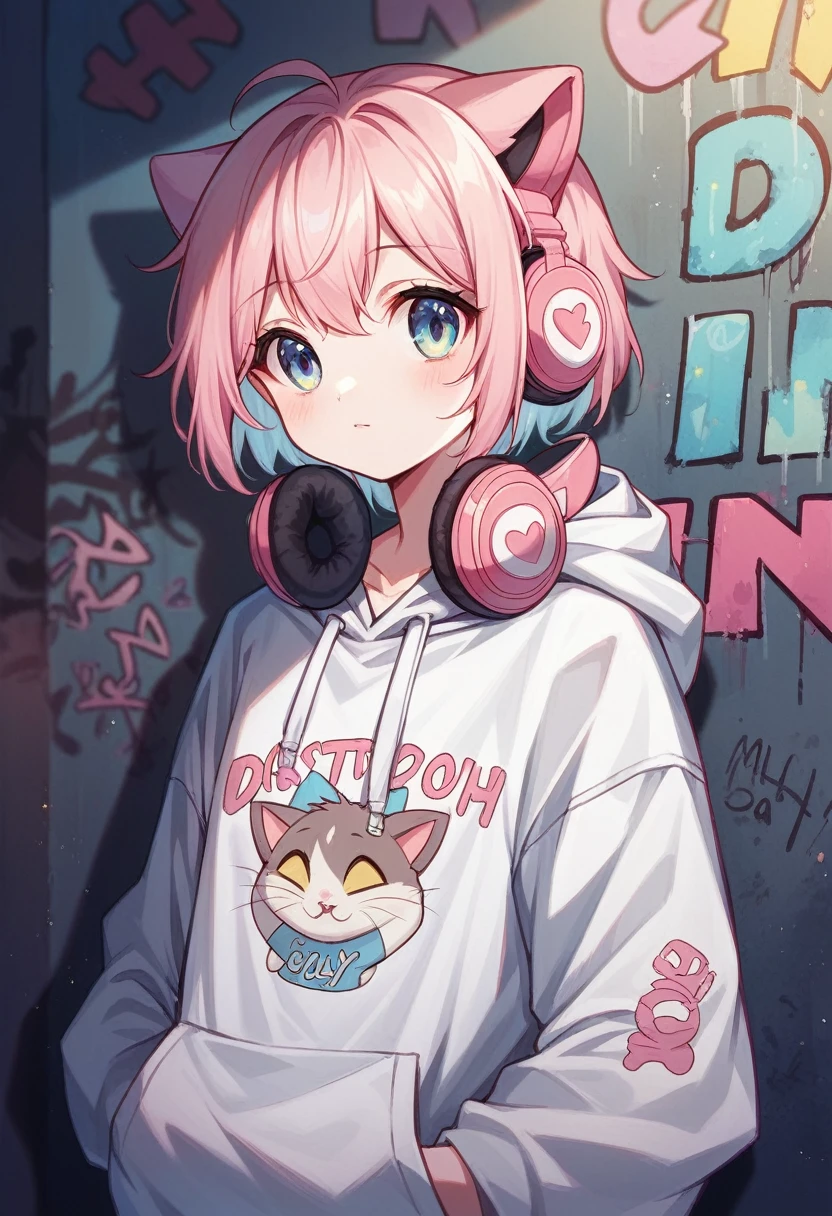 Cute cat dressed in a white hoodie with pastel pink accents, oversized headphones snugly fit around its neck, mid-action as it maneuvers through an urban setting, backdrop of graffiti-covered walls, contemporary streetwear fashion vibe, pastel tones, soft-focus background, bokeh lights, digital painting, ultra fine, ultra realistic