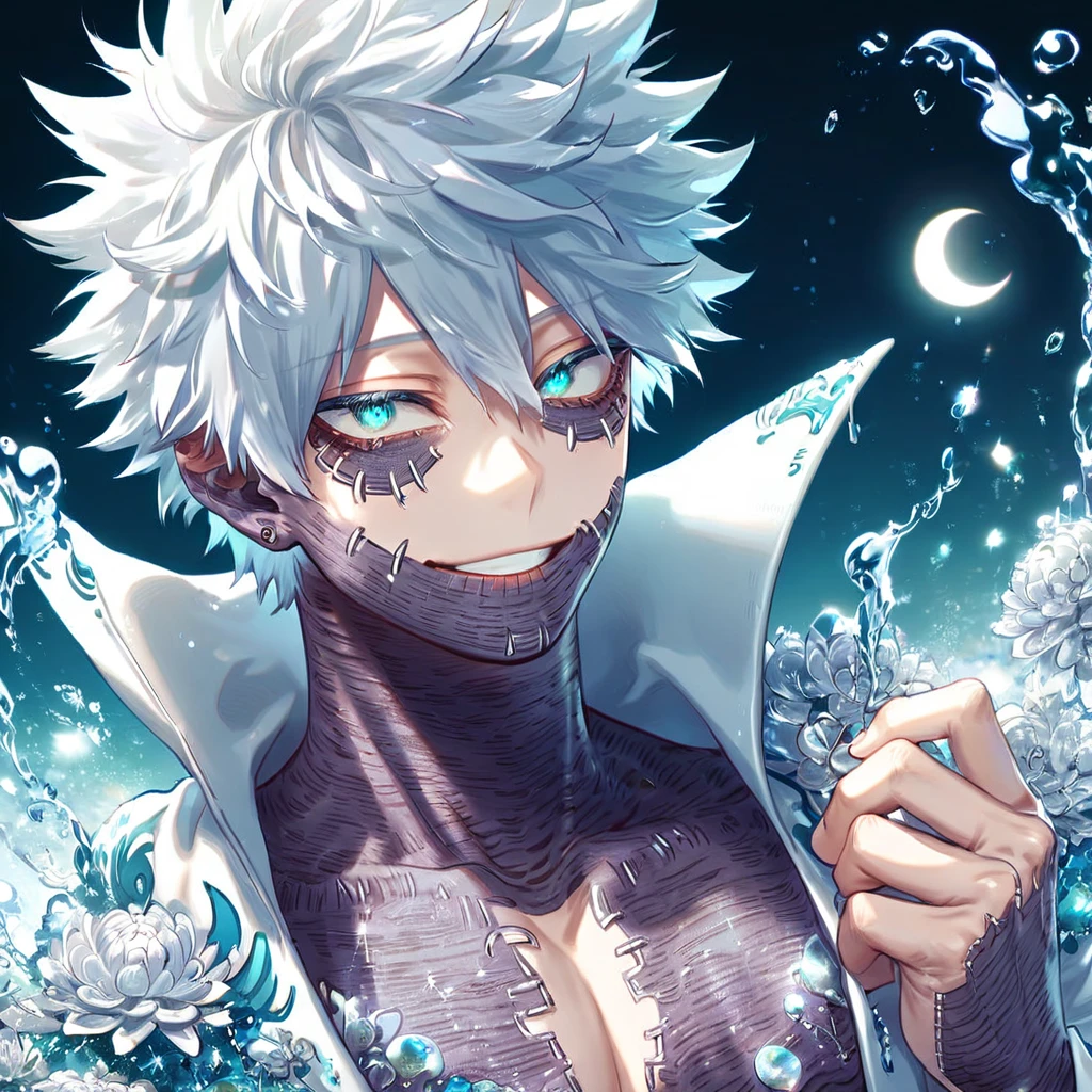 absurdres, highres, ultra detailed, HDR, master piece, best quality, extremely detailed, Dabi, white hair, expressive turquoise eyes, Boku No Hero Academia, solo, sexy man, handsome, smile, white coat, fantasy, water, sparkling, silver glittering fireflies, silver moon, silver blossoms, silver chrysanthemums, silver sparkling lights, starry sky, magical