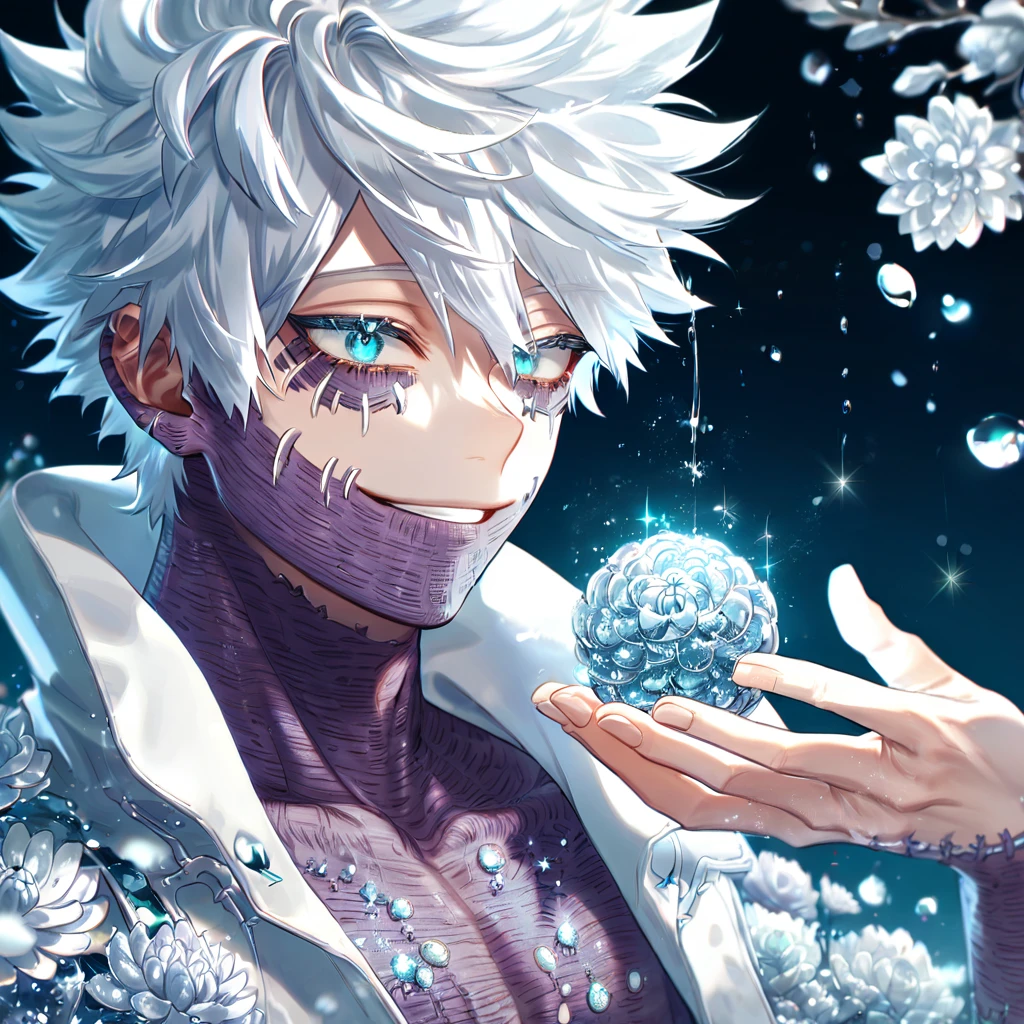 absurdres, highres, ultra detailed, HDR, master piece, best quality, extremely detailed, Dabi, white hair, expressive turquoise eyes, Boku No Hero Academia, solo, sexy man, handsome, smile, white coat, fantasy, water, sparkling, silver glittering fireflies, silver moon, silver blossoms, silver chrysanthemums, silver sparkling lights, starry sky, magical