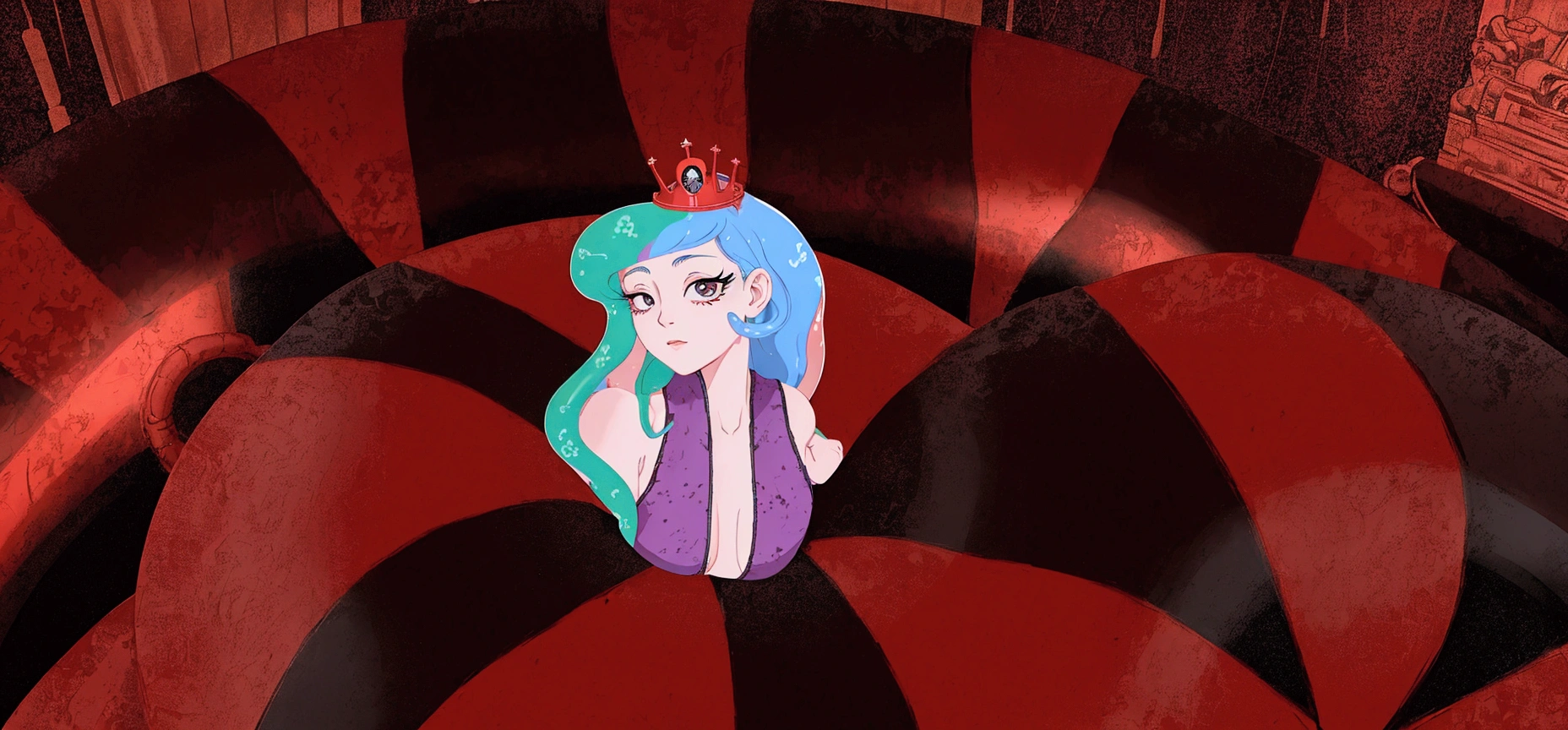 anime girl in a red and black striped dress standing in a giant red and black striped ball, in a crashed spaceship, big tentacle sneak around, very sad medusa, holding a pudica pose, in a throne room, fan art, sitting on obsidian throne, some tentacles are touching her, pudica pose, hologram hovering around her, evil princess