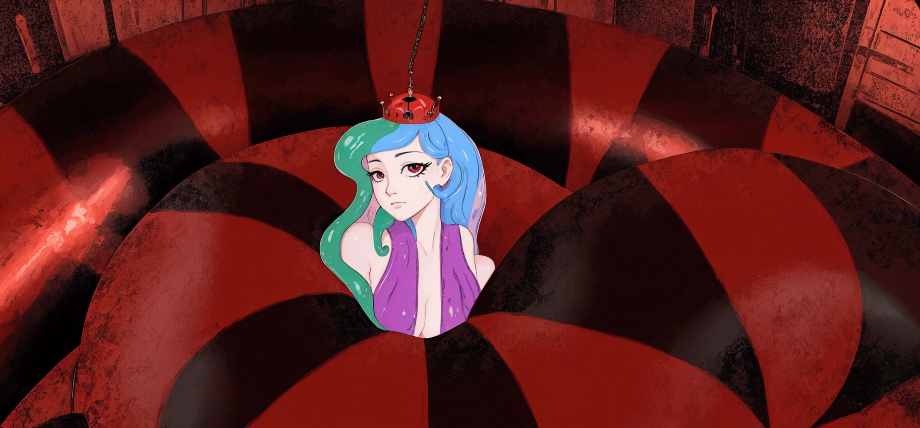 anime girl in a red and black striped dress standing in a giant red and black striped ball, in a crashed spaceship, big tentacle sneak around, very sad medusa, holding a pudica pose, in a throne room, fan art, sitting on obsidian throne, some tentacles are touching her, pudica pose, hologram hovering around her, evil princess