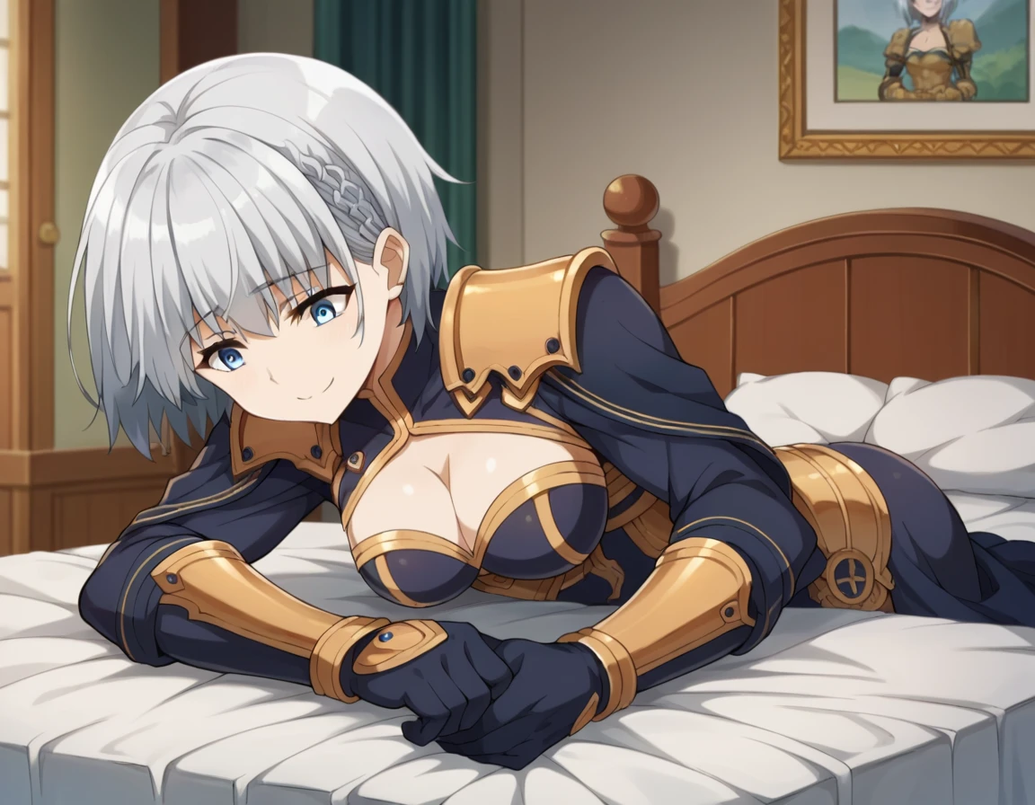 score_9, score_8_superior, score_7_superior, sauce_anime,
shadowbeta, beta, short hair, blue eyes, Braiding, Grey Hair, smile,
gloves, Cleavage, armor, Clothing cutouts, Cleavage cutout,
indoor, bed, bed room, behind, arm ssuperiorport, arms superior,Masturbation