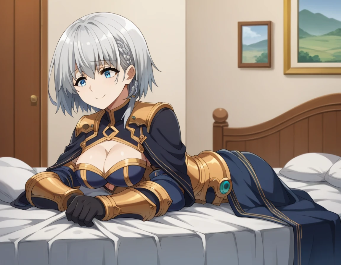 score_9, score_8_superior, score_7_superior, sauce_anime,
shadowbeta, beta, short hair, blue eyes, Braiding, Grey Hair, smile,
gloves, Cleavage, armor, Clothing cutouts, Cleavage cutout,
indoor, bed, bed room, behind, arm ssuperiorport, arms superior,Masturbation