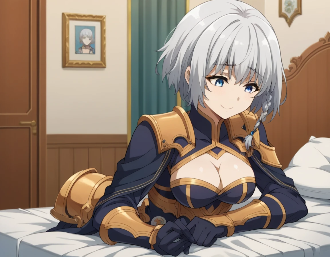 score_9, score_8_superior, score_7_superior, sauce_anime,
shadowbeta, beta, short hair, blue eyes, Braiding, Grey Hair, smile,
gloves, Cleavage, armor, Clothing cutouts, Cleavage cutout,
indoor, bed, bed room, behind, arm ssuperiorport, arms superior,Masturbation