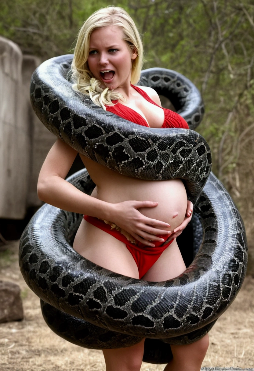 Pregnant Happy , aroused 1girl), beautiful blonde young teen wearing red thong with giant colossal black titanboa ster squeezing her hard, wrapped in thick spiraling coils, constricted, struggle, gasping for air, snake attack, snake peril,
