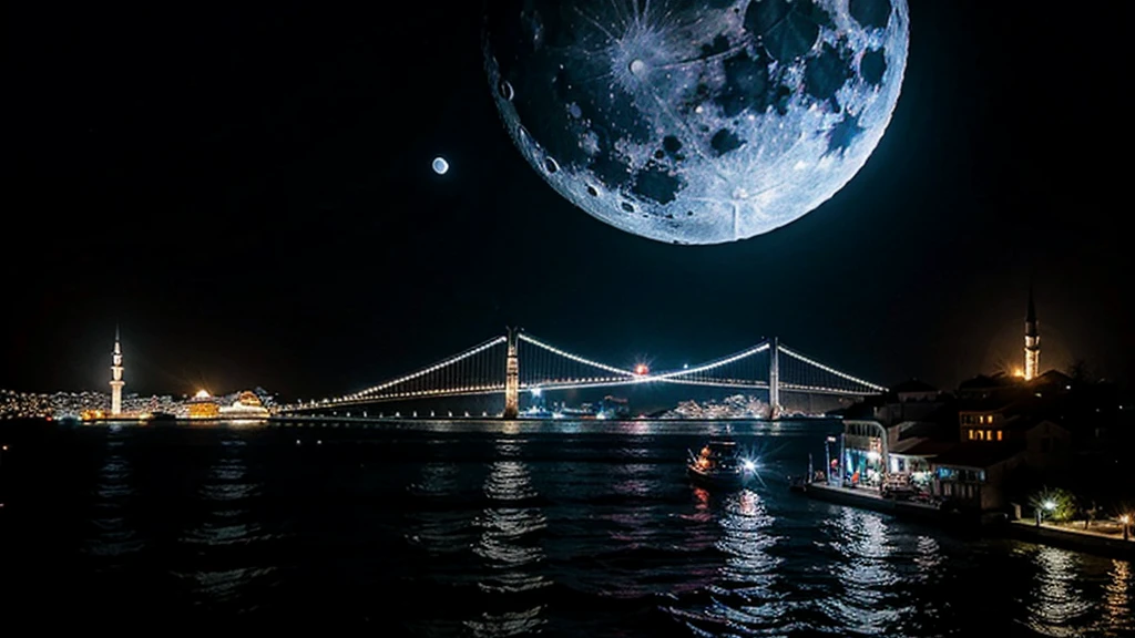 a city like Istanbul, dark theme, it is night time, the moon is shining, best quality, ultra realistic