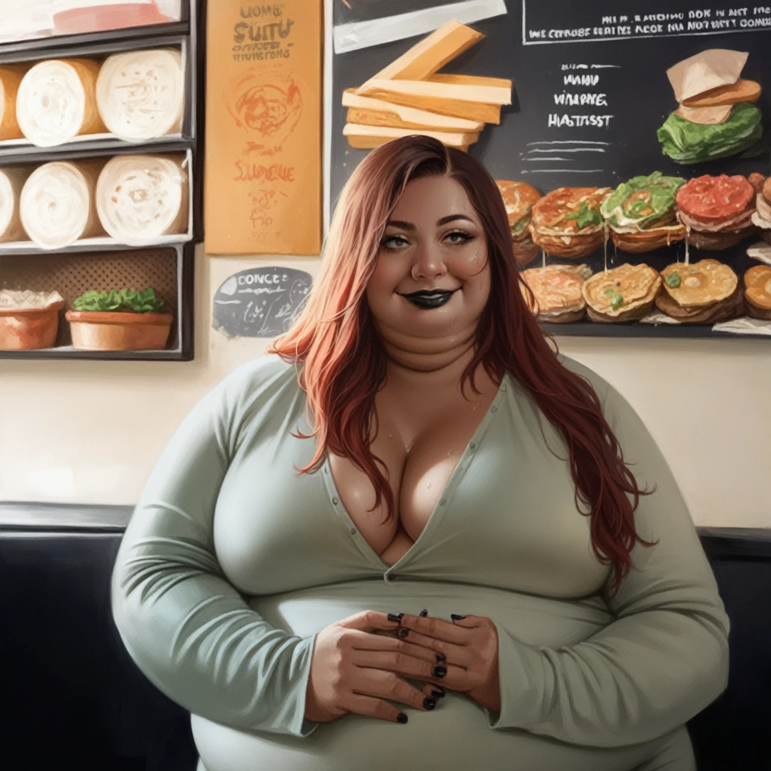 Masterpiece, perfect face, nostril piercing, black lipstick, perfect hands, Sunkissed skin all over, Thicc, black fingernails and toenails, extremely morbidly obese, black and red hair, ((wearing)), red and black top, grey sweat pants, detailed feet, voluptuous, smile, (anatomically correct), (Perfect/ realistic proportions:1.2), (overwhelmingly fat arms), ((extremely widest hips possible!)), ((extremely massive thick thighs, morbidly large belly), belly overhang!)), (1080P, 4k UHD, Masterpiece:2.1!) ((single)), background: brick