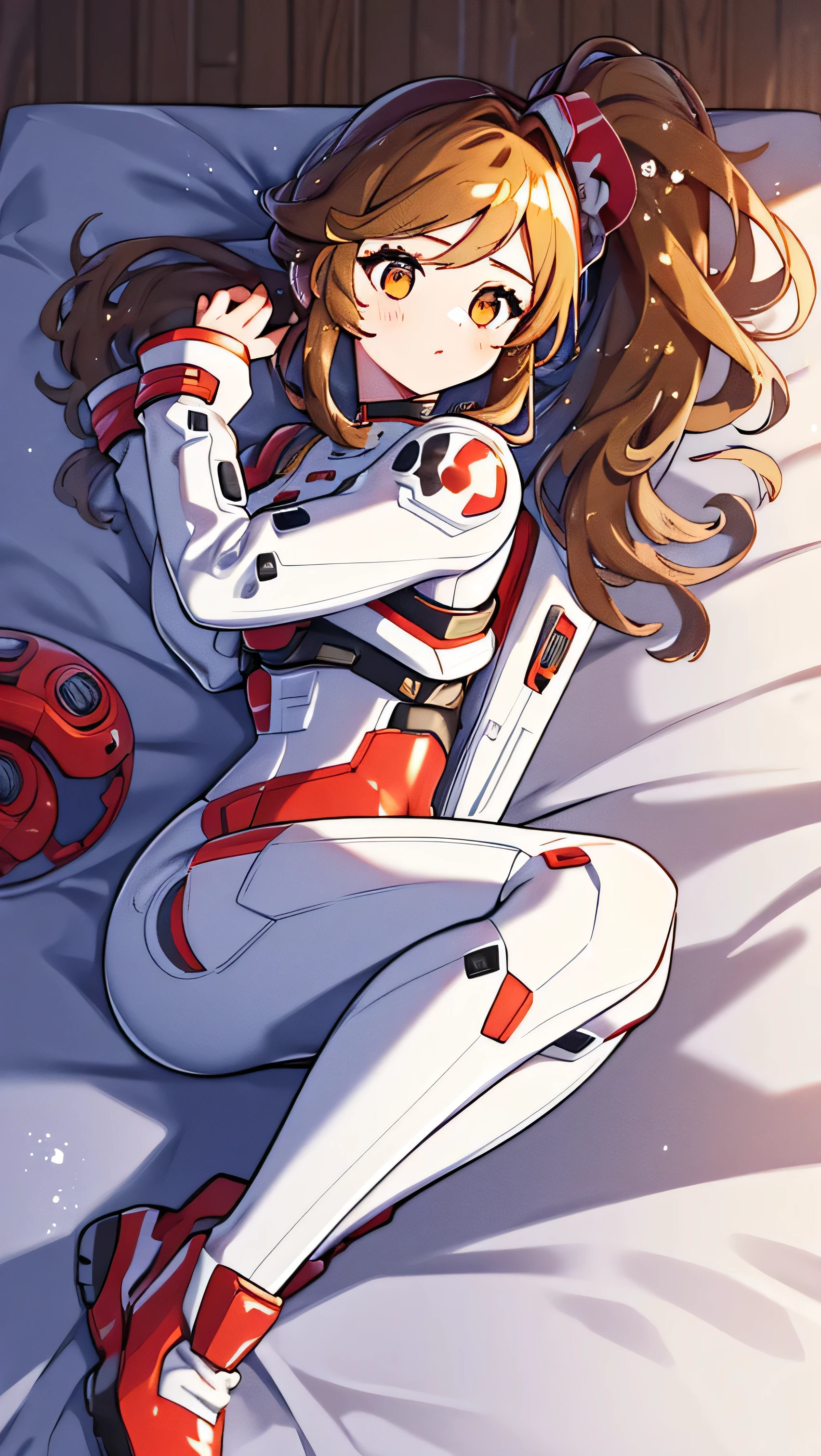 1GIRL, finely detailed, (best quality), hdr, hi res, high resolution, (masterpiece), (intricate details), cute style, ((long brown hair in ponytail)), ((plugsuit)), battle suit, ((red and white clothes)), ((mecha style clothes)), beautiful face, happy, cute face, pinup, perfect face, in futuristic city, dynamic, laying down, knees up, (curled up) 