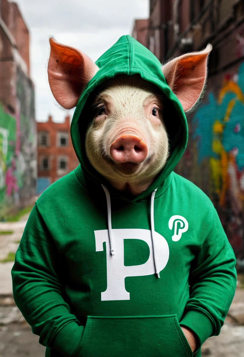 Generate an antropomorphic pig wearing a green hoodie with a letter P emblem with white details in a city background with grafitti on the walls