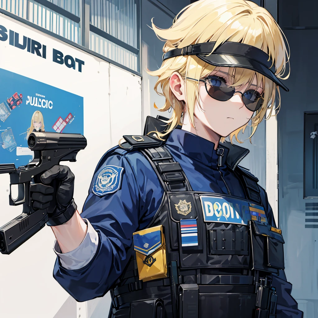 Corrupt police officer with sunglasses and a scar on his left eye horizontally , wearing a bulletproof vest and police clothing, holding a pistol, 独奏, hair blonde, On patrol, Rio de Janeiro in a favela 