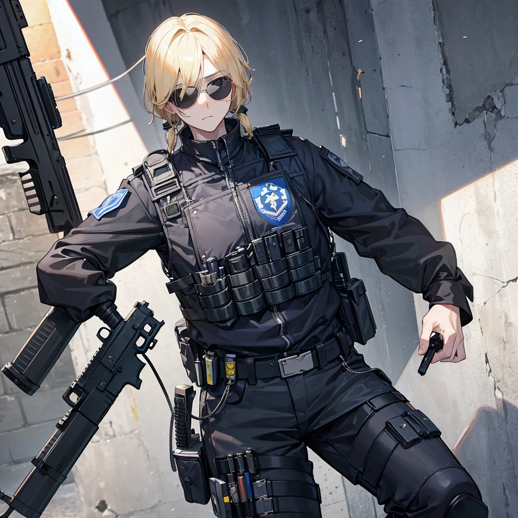 Corrupt police officer with sunglasses and a scar on his left eye horizontally , wearing a bulletproof vest and police clothing, holding a pistol, 独奏, hair blonde, On patrol, Rio de Janeiro in a favela 