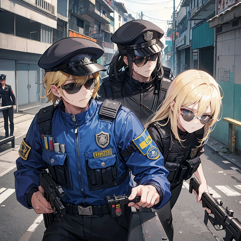 Corrupt police officer with sunglasses and a scar on his left eye horizontally , wearing a bulletproof vest and police clothing, holding a pistol, 独奏, hair blonde, On patrol, Rio de Janeiro in a favela