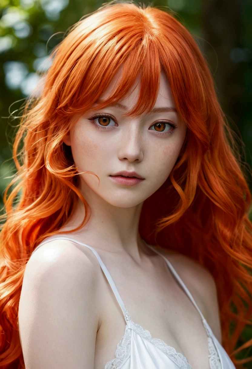 a close-up of a woman with long red hair and a white dress, orange flowing hair, hair orange brilhante, orange skin and long, fiery hair, anime girl in real life, photorealistic anime, long wavy hair orange, flowing red hair, red wavy hair, retrato de asuka langley soryu, Asuka Langley Sohryu, hair orange