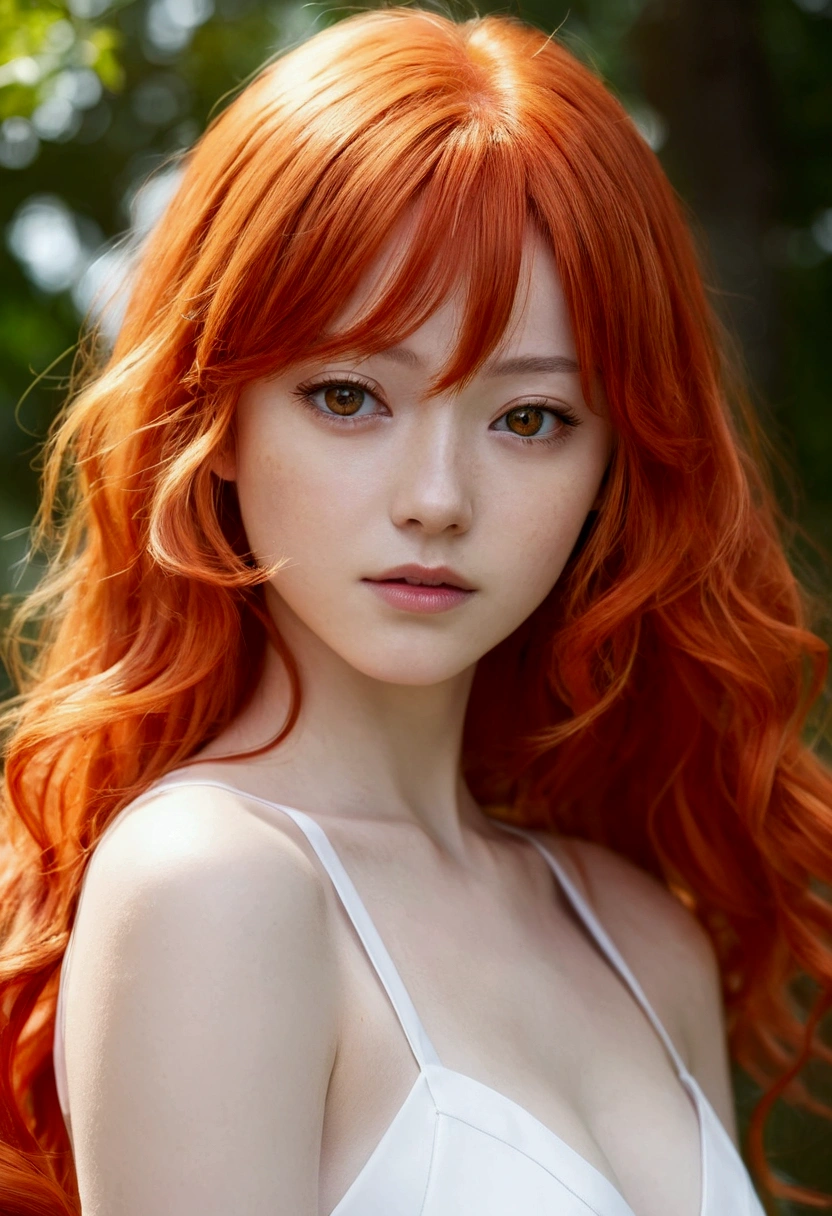 a close-up of a woman with long red hair and a white dress, orange flowing hair, hair orange brilhante, orange skin and long, fiery hair, anime girl in real life, photorealistic anime, long wavy hair orange, flowing red hair, red wavy hair, retrato de asuka langley soryu, Asuka Langley Sohryu, hair orange