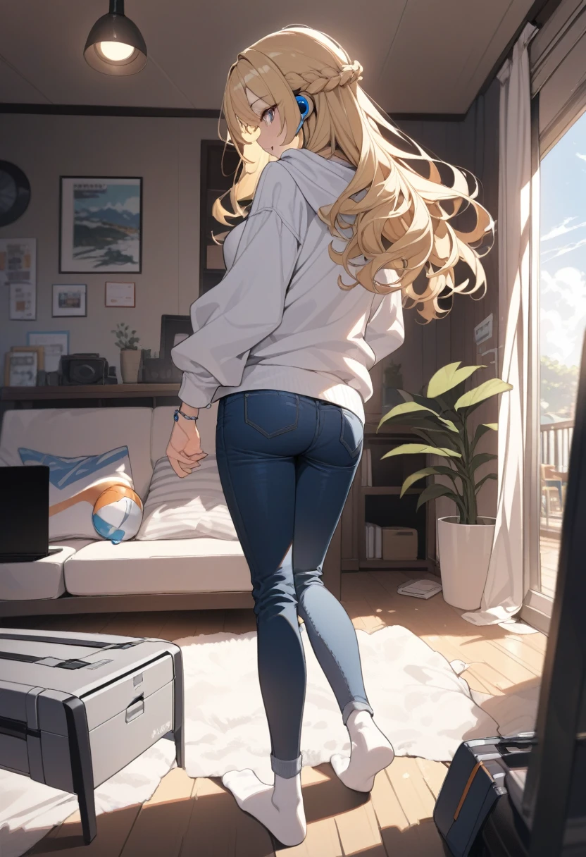 masterpiece, best quality, extremely detailed, ultra detailed, flat anime, 2D,
1girl, (young adult:1.2),blonde hair, (semi-long hair:1.2), curly hair, french braid, medium breasts, tsurime, height 1.7meters,
white hooded sweatshirt, jeans, earring,bracelet, long sleeves, ((Bluetooth small earphone)),socks,
Back view of a laptop computer,Operating a laptop computer,
from behind, full body, ((looking back)), open mouth, looking at another,Turn around from the right,
summer, livingroom, 12AM., standing