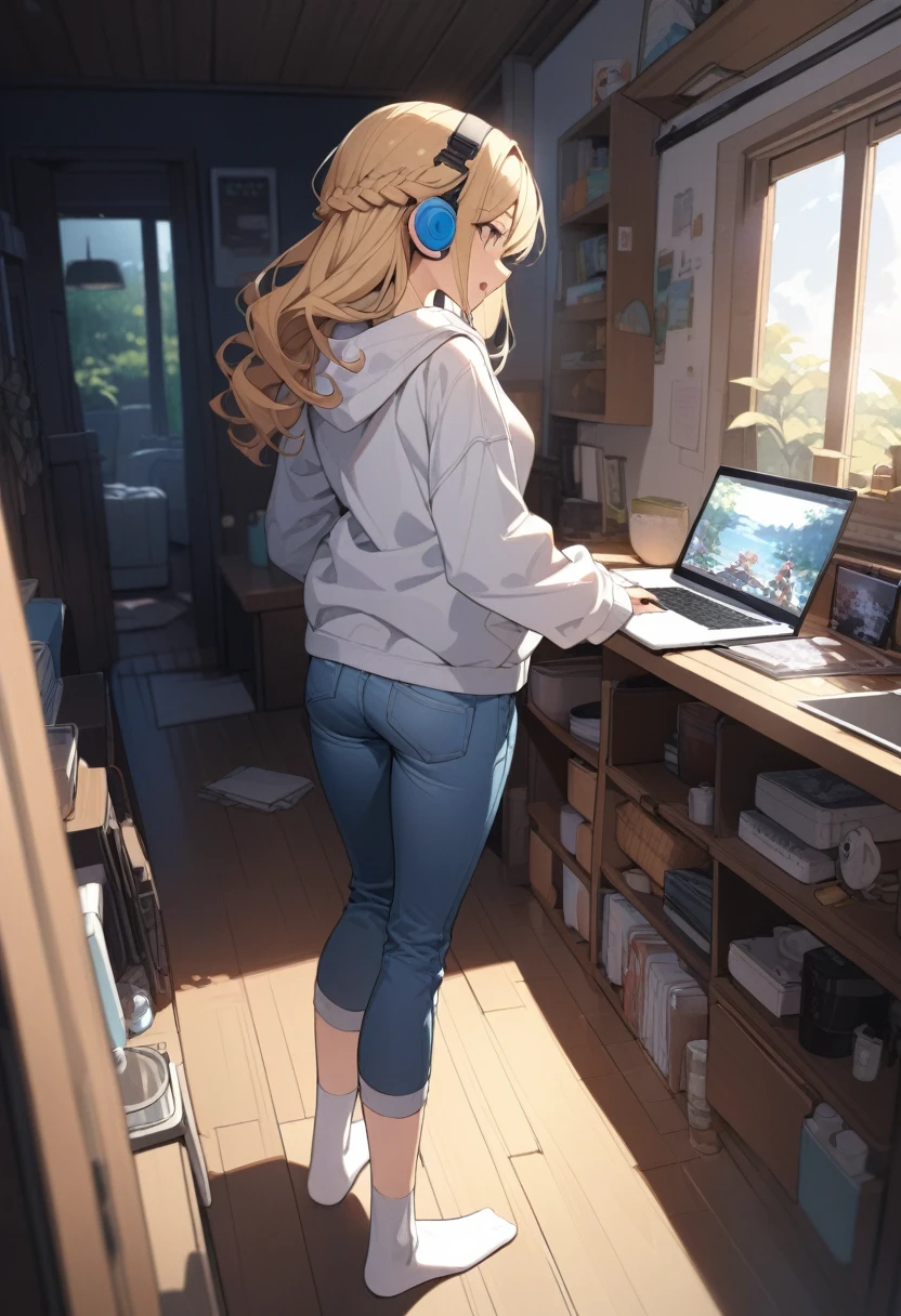 masterpiece, best quality, extremely detailed, ultra detailed, flat anime, 2D,
1girl, (young adult:1.2),blonde hair, (semi-long hair:1.2), curly hair, french braid, medium breasts, tsurime, height 1.7meters,
white hooded sweatshirt, jeans, earring,bracelet, long sleeves, ((Bluetooth small earphone)),socks,
Back view of a laptop computer,Operating a laptop computer,
from behind, full body, ((looking back)), open mouth, looking at another,Turn around from the right,
summer, livingroom, 12AM., standing