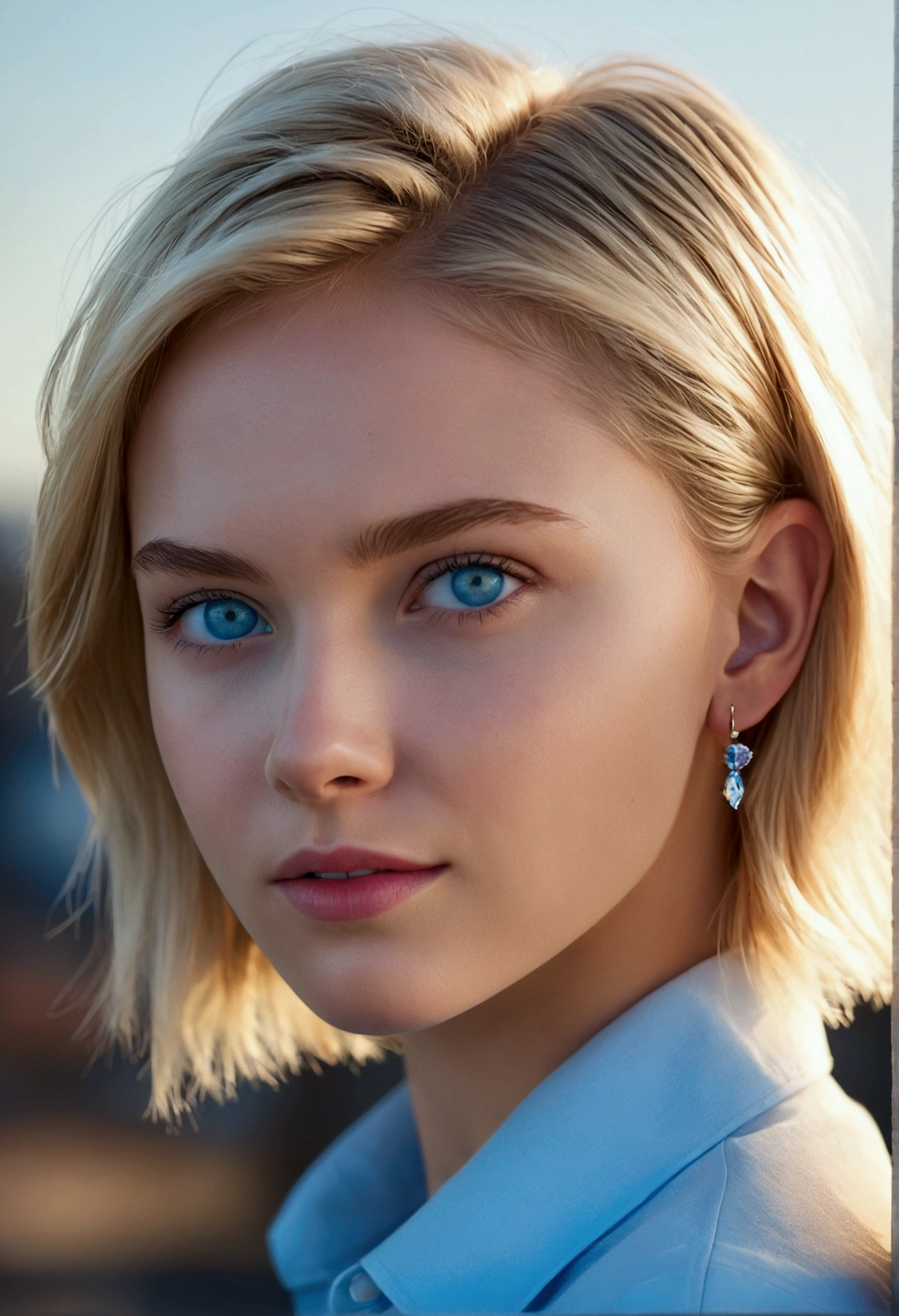 ((software: 1.4)), ((Detailed face,  Professional photography)), ((software, Super Short Hair, side lock hair,  Blonde, big, Clear sky blue eyes, Earrings, 1 girl)), Ultra-high resolution, (Realistic: 1.4), RAW Photos, Highest quality, (PhotoRealistic Stick), concentrated, Soft Light, ((15 years old)), (( (Young Face))), (surface), (Depth of written boundary), masterpiece, (Realistic), woman, bangs, ((1 girl))