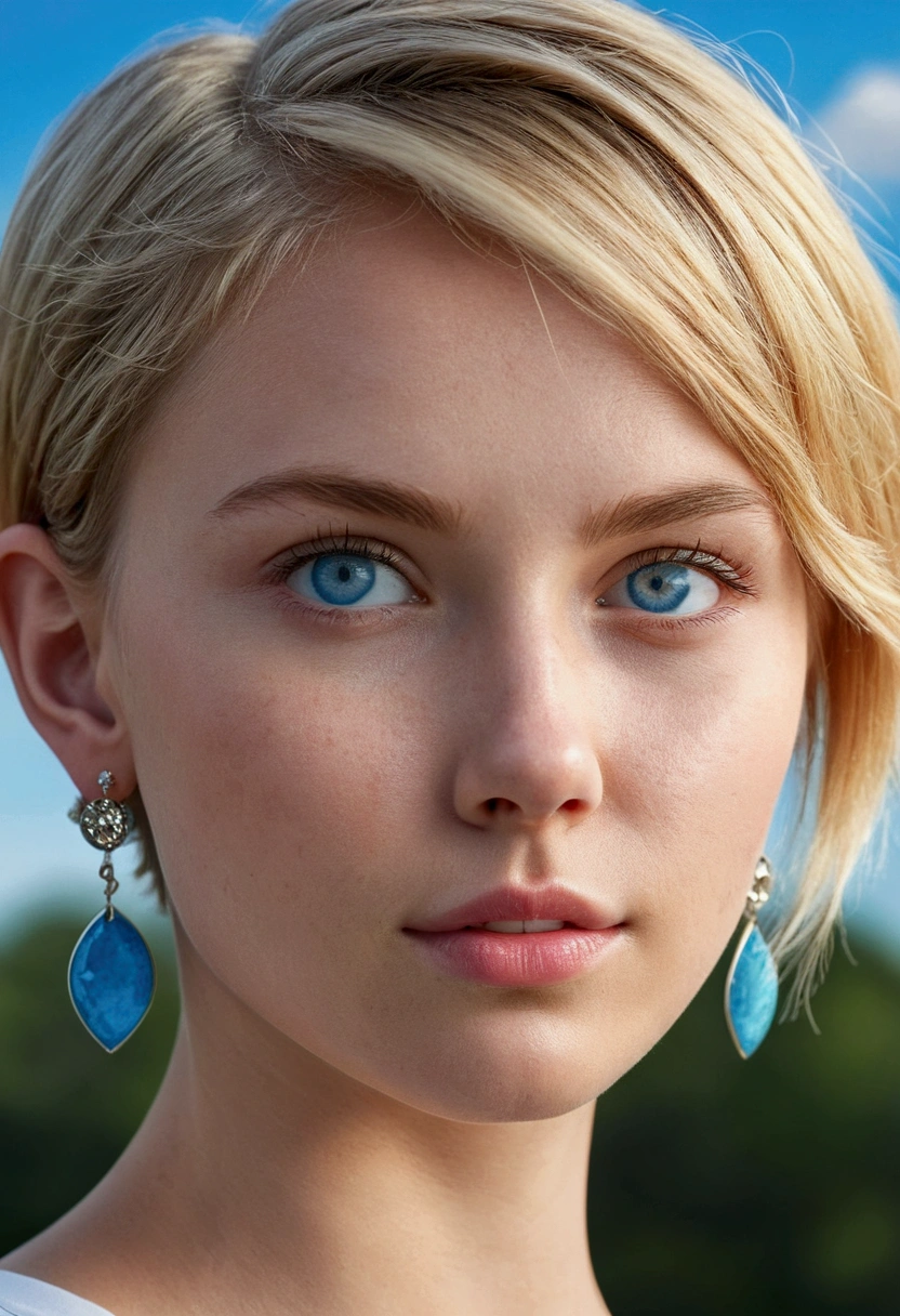 ((software: 1.4)), ((Detailed face, Professional photography)), ((software, Super Short Hair, side lock hair, Blonde, big, Clear sky blue eyes, Earrings, 1 girl)), Ultra-high resolution, (Realistic: 1.4), RAW Photos, Highest quality, (PhotoRealistic Stick), concentrated, Soft Light, (()), (( (Young Face))), (surface), (Depth of written boundary), masterpiece, (Realistic), woman, bangs, ((1 girl))