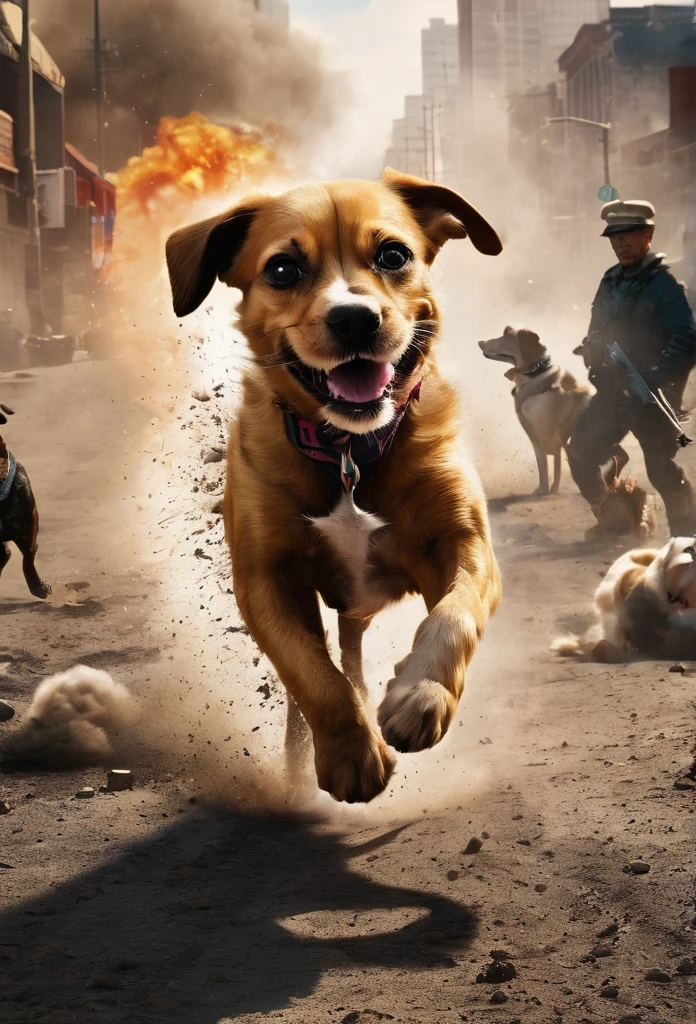 **Title:** "Rocky's Battle: Little Dogs vs. Humans"
**Genre:** Epic Action War Film
**Visual Description:**
Imagine a modern battlefield engulfed in chaos and destruction, where small dogs face off against humans in a fierce fight. The small dogs, dressed in modern camouflage combat uniforms, bravely battle alongside cats on the front lines. Guns are blazing, bullets are flying, fires are raging, smoke is billowing, and explosions rip through the ground, sending debris flying everywhere. The film grain effect adds a realistic cinematic touch to the scene, which is captured in insanely detailed 8K UHD resolution.
The composition is epic, blending dramatic and intense elements to showcase the courage of the small dogs, reminiscent of Rocky's indomitable spirit, as they face challenges and defy the odds. This stunning image is worthy of an award-winning movie poster, capturing the epic battle between dogs and humans.
**Tagline:**
"Small Strength, Big Heart: Little Dogs Against Humans"