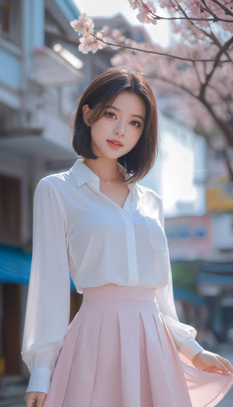 One Girl,beautiful girl,Photographed from waist to head, (Medium Shot), fine grain, Perfect functionality, (masterpiece), (Highest quality), (Good quality), Intricate details, Ray Tracing, (See through), (Bokeh), (Written boundary depth), Perfect Skin, Happy, (Medium Hair:1.5), ((Medium Bob Hairstyles)), ((Black Hair:1.5)), (((Pale blue eyes:1.8))),(C cup breasts:1.4),(Wearing a white blouse),(Wearing a light pink skirt),