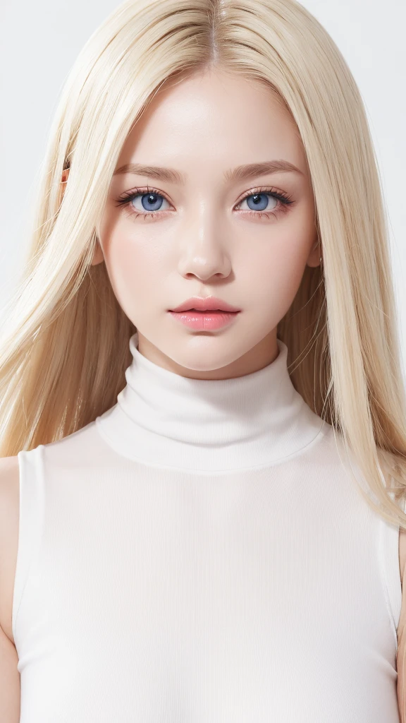 (((White background、rim light、lighting forward、High neck sleeveless、forehead、White Blonde、Blonde、White Background、whole body、Up to the waist、Upper body close-up)))、beautiful girl、Platinum Blonde Hair、Straight Long Hair、Big Blue Eyes、Nordic youth、Glowing Skin、Young and beautiful skin、A perfect and beautiful little face、Bright makeup、Pale pink lips、Bright expression、lipstick、Intricate details、High resolution、 Detailed features of face design、Big Breasts、face-friendly lighting