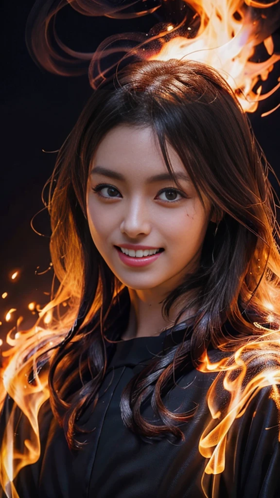 (extremely detailed CG unity 8k wallpaper),(masterpiece), (best quality), (ultra-detailed), (best illustration),(best shadow), (sharp eyeliner, eyeshadow, detailed eyes:1.1), (flames, smoke:1.3), ,BREAK, (vector:1.2), evil smile,