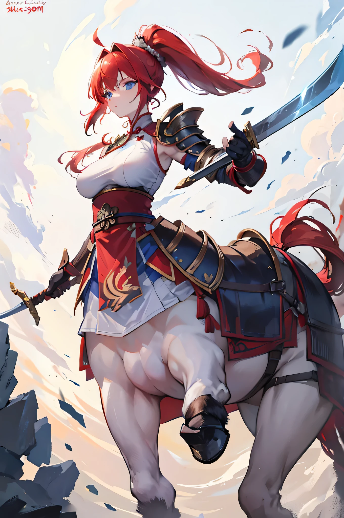 4K,High resolution,One Woman,centaur,Red Hair,Long Ponytail,Blue Eyes,Big Breasts,Brown fur,Ancient Chinese Generals,Ancient Chinese White Armor,Heavy Armor,Full Armor,hair band,Long sword