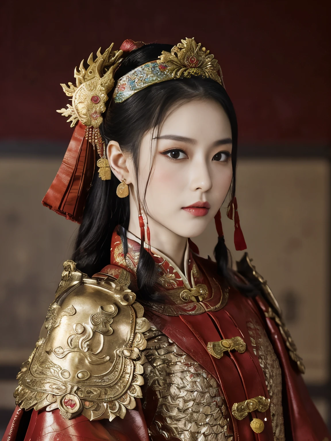 Front view, ancient Chinese girl, 2 century, looking at camera, beautiful Chinese Young General, 26 years old, (Highly detailed face, Ordinary eyes, Tapered eyebrows, Black eye, Variegated eyes, Fuller lips, little Lips, Silas, Chinese line earring ),(middle breasts, middle hip), (ancient Chinese costume, Red decoration leather armor emboss armor of dragon , chain inner clothes, put on a red silk cloak , red leather head band ), (holding a ancient Chinese long pike), standing in Chinese Palace, near Garden, sunset ,(masterpiece, Highest quality, masterpiece, God-like quality, Godly art, , Very realistic)