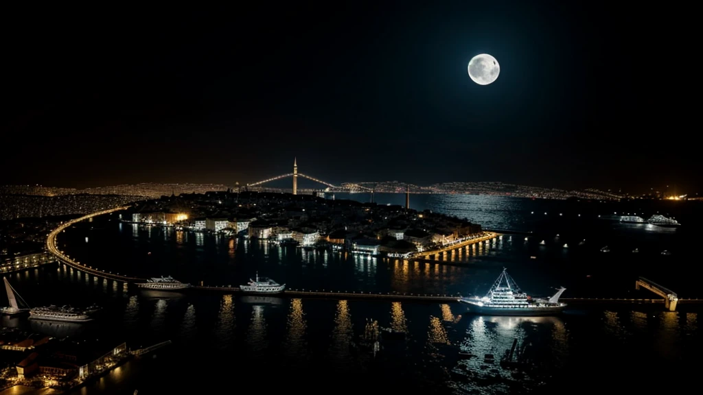 a city like Istanbul, dark theme, it is night time, the moon is shining, best quality, ultra realistic