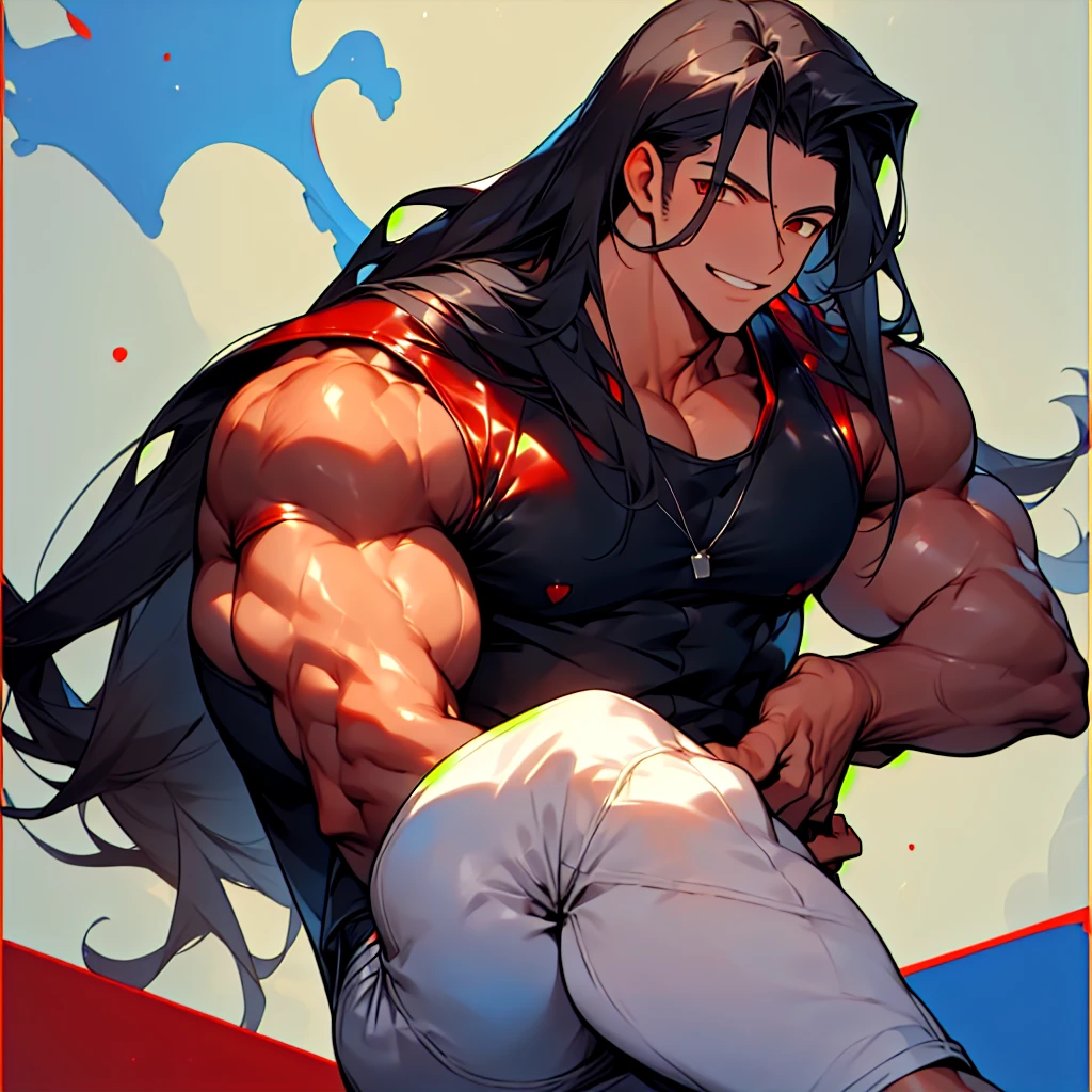 highres,High quality,(Beautiful), ((masterpiece)),(naughty man) (long black hair) (Eyes red) (muscled body) (wears a black leather jacket) (White tank top) (blue jeans) (sujo de sangue) (sorriso sádico e debochado)