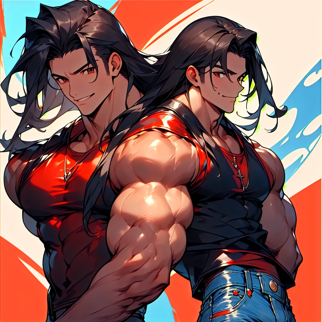 highres,High quality,(Beautiful), ((masterpiece)),(naughty man) (long black hair) (Eyes red) (muscled body) (wears a black leather jacket) (White tank top) (blue jeans) (sujo de sangue) (sorriso sádico e debochado)