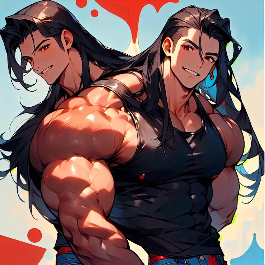 highres,High quality,(Beautiful), ((masterpiece)),(naughty man) (long black hair) (Eyes red) (muscled body) (wears a black leather jacket) (White tank top) (blue jeans) (sujo de sangue) (sorriso sádico e debochado)