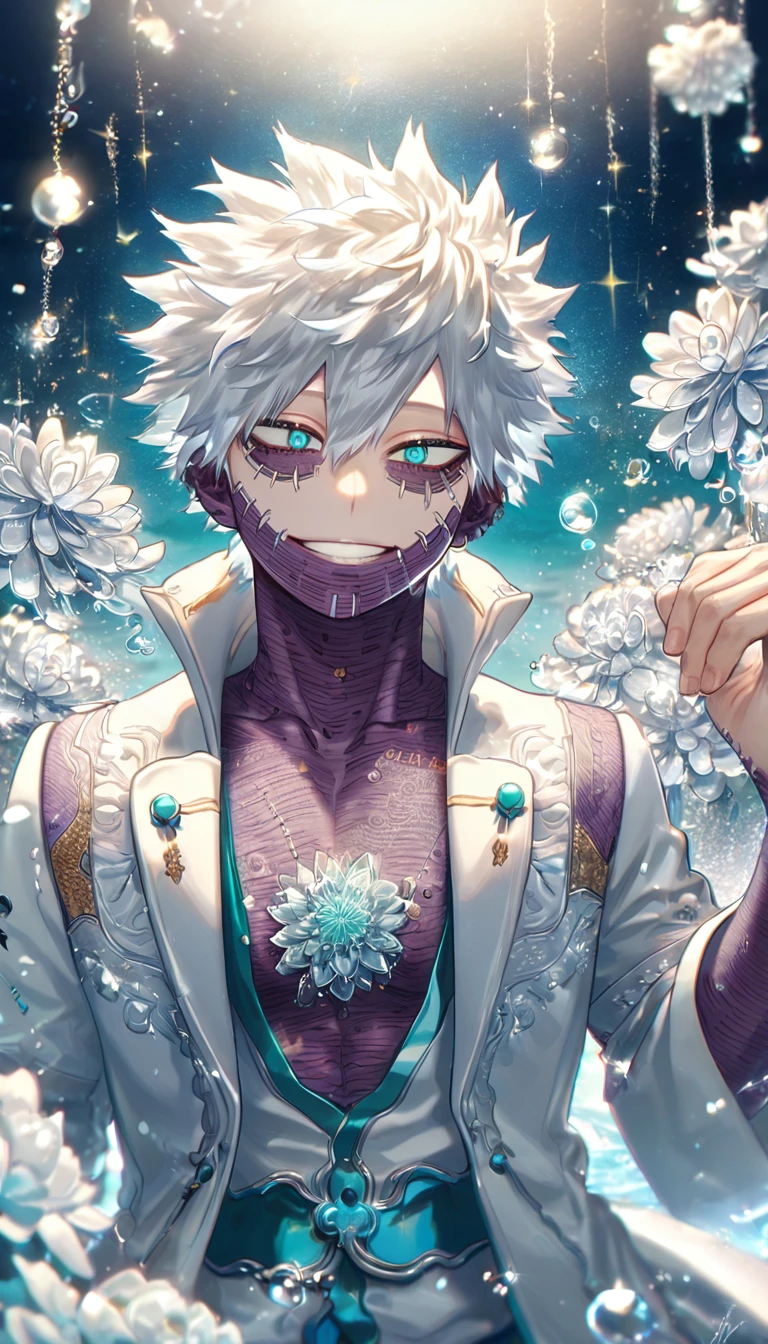 absurdres, highres, ultra detailed, HDR, master piece, best quality, extremely detailed, Dabi, white hair, expressive turquoise eyes, Boku No Hero Academia, solo, sexy man, handsome, smile, white coat, fantasy, water, sparkling, silver glittering fireflies, silver moon, silver blossoms, silver chrysanthemums, silver sparkling lights, starry sky, magical