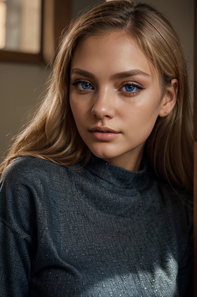 blonde woman, brown sweatshirt, black t-shirt, blue jeans, beautiful detailed eyes, beautiful detailed lips, extremely detailed facial features, long eyelashes, photorealistic, 8k, hyperdetailed, masterpiece, warm lighting, natural colors, realistic fabric textures, dynamic pose, shallow depth of field