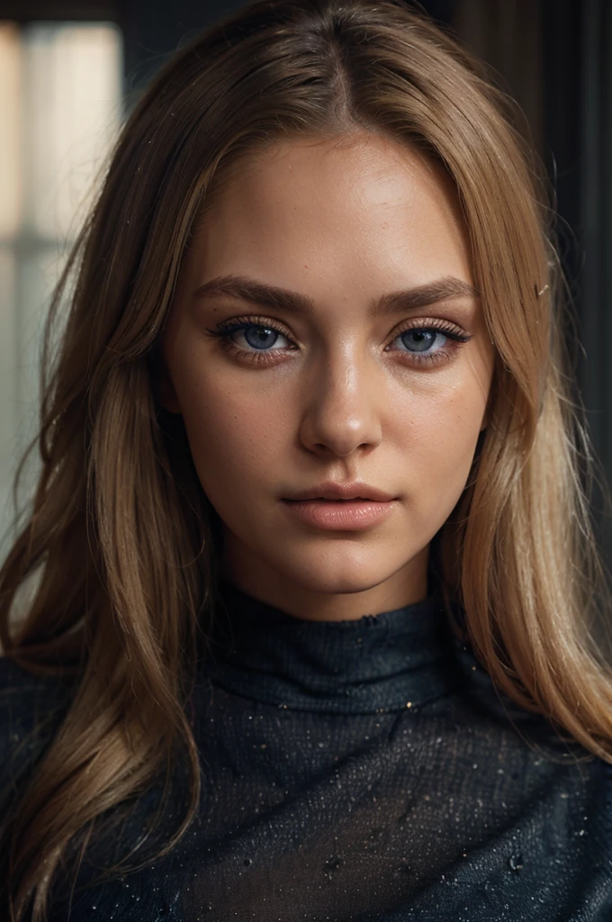 blonde woman, brown sweatshirt, black t-shirt, blue jeans, beautiful detailed eyes, beautiful detailed lips, extremely detailed facial features, long eyelashes, photorealistic, 8k, hyperdetailed, masterpiece, warm lighting, natural colors, realistic fabric textures, dynamic pose, shallow depth of field