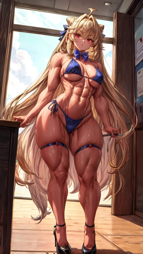 1 girl, {{{Terakomori Gandesblood, long hair, blonde hair, cone hair bun, hair ornament, hair intakes, Ahoge, bangs, red eyes, blue bowtie, short red bikini, (very small breasts)}}}, beautiful ta girl, (slim body but with abs), {{{standing or standing full body image}}}, {{{Wear black high heels}}}, poses her beautiful black heels standing {{{is stopped}}}, {{{muscular abs}}}, {{muscular belly}}}, is in an office, (old military type office), (((Best Quality))), (((8k quality))), (((ultra best definition))), ((better face definition))), (((Perfect face))), (Perfect face:1.1), (sharp focus:1.1), trend on Artstation, intricate, high detail, sharp focus, (((arms, hands, legs, pies, Perfect face))), (((perfect body))), (((correct features))),(((best anatomy))), (((noise removal))), (((perfect and clear face))), (((Masterpiece))).