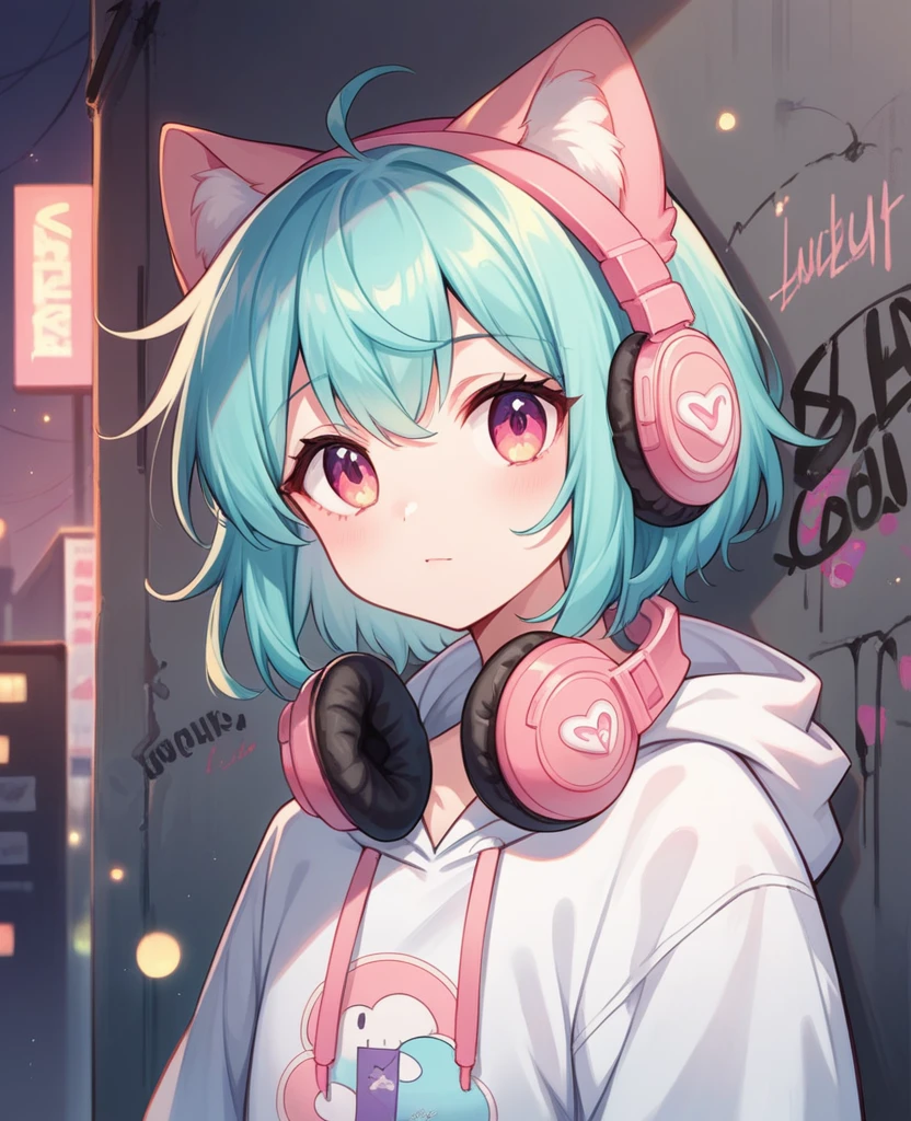 Cute cat dressed in a white hoodie with pastel pink accents, oversized headphones snugly fit around its neck, mid-action as it maneuvers through an urban setting, backdrop of graffiti-covered walls, contemporary streetwear fashion vibe, pastel tones, soft-focus background, bokeh lights, digital painting, ultra fine, ultra realistic