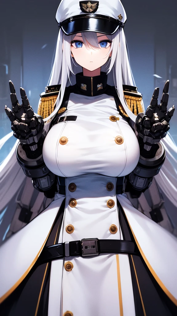A woman wearing a white military uniform,vivid-blue eyes, busty, white military hat, large mechanical arms, white hair And expressive eyes