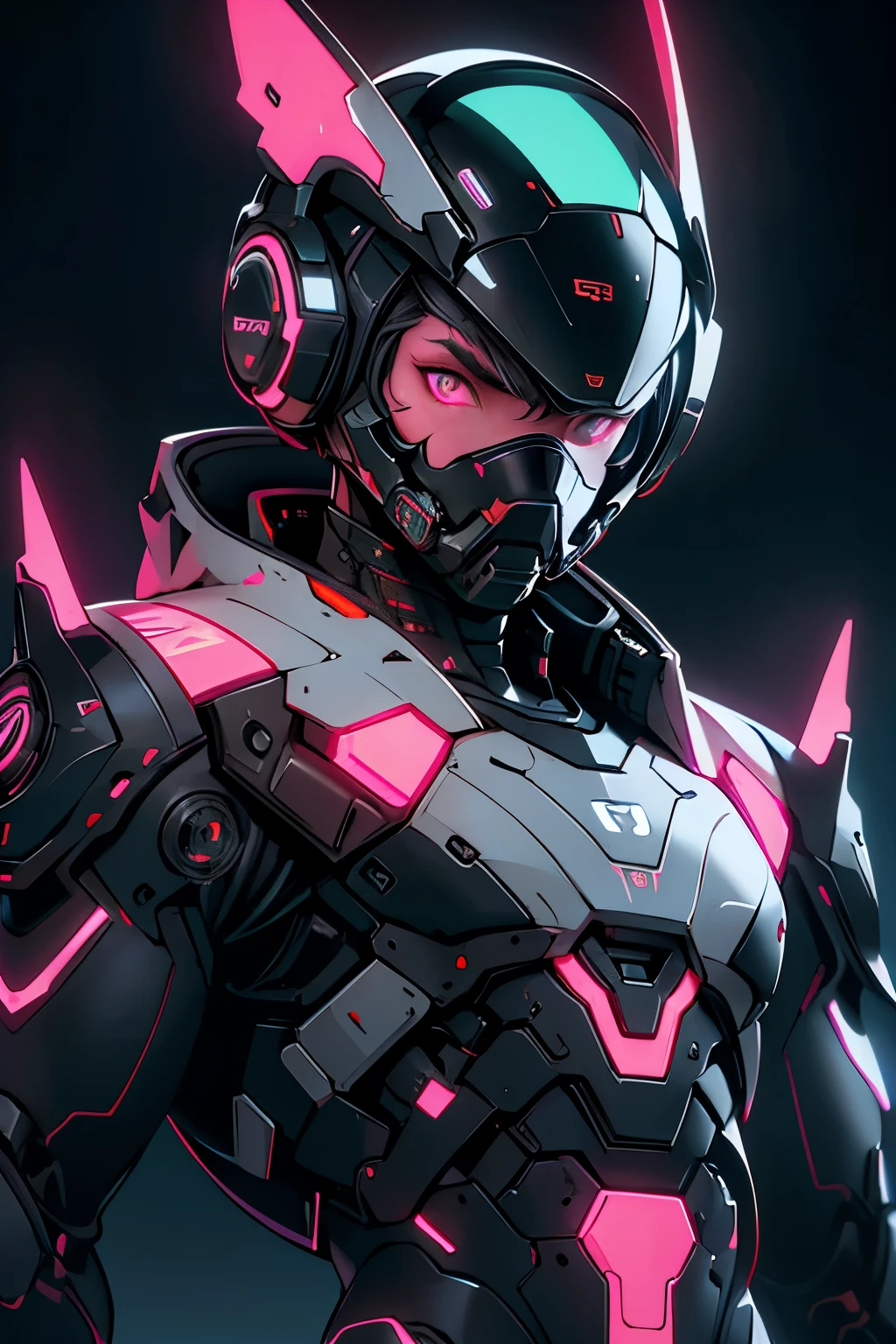 FUTURISTIC BOY WEARING A TECHNOLOGICAL ARMOR WITH A HIGH-TECH DRONE CONTROL MASK IN BLACK COLORS WITH NEON RED DETAILS, octane render, highly detailed, volumetric, dramatic lighting, 8K, UHD
