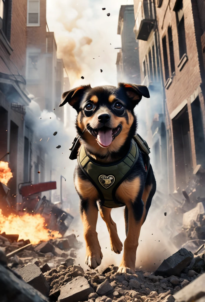 **Title:** "Rocky's Battle: Little Dogs vs. Humans"
**Genre:** Epic Action War Film
**Visual Description:**
Imagine a modern battlefield engulfed in chaos and destruction, where small dogs face off against humans in a fierce fight. The small dogs, dressed in modern camouflage combat uniforms, bravely battle alongside cats on the front lines. Guns are blazing, bullets are flying, fires are raging, smoke is billowing, and explosions rip through the ground, sending debris flying everywhere. The film grain effect adds a realistic cinematic touch to the scene, which is captured in insanely detailed 8K UHD resolution.
The composition is epic, blending dramatic and intense elements to showcase the courage of the small dogs, reminiscent of Rocky's indomitable spirit, as they face challenges and defy the odds. This stunning image is worthy of an award-winning movie poster, capturing the epic battle between dogs and humans.
**Tagline:**
"Small Strength, Big Heart: Little Dogs Against Humans"