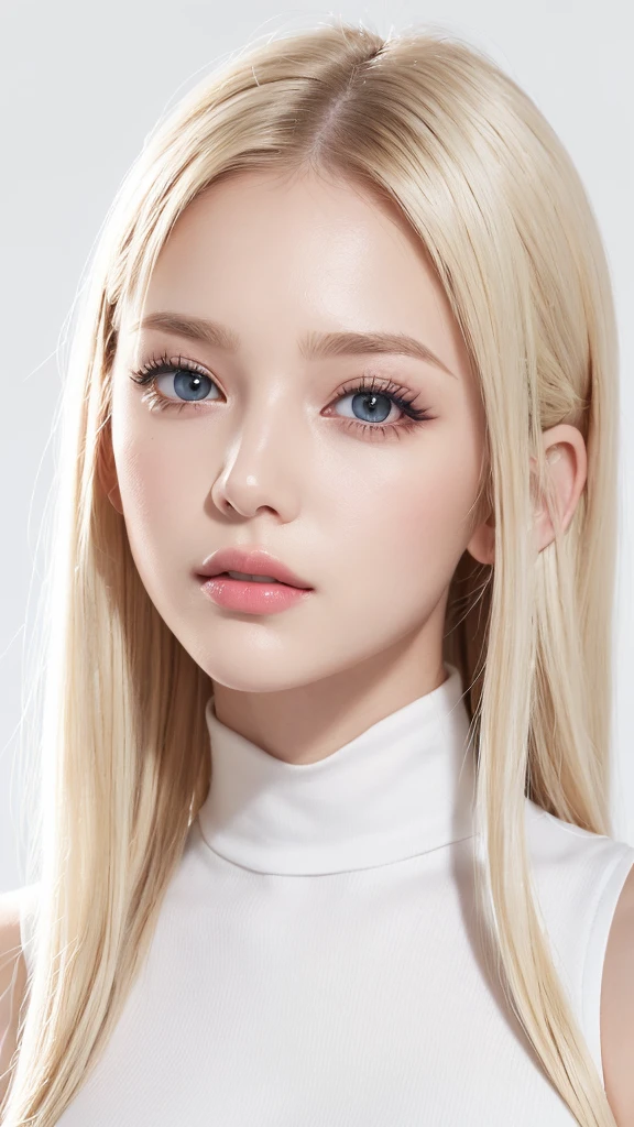 (((White background、rim light、lighting forward、High neck sleeveless、forehead、White Blonde、Blonde、White Background、whole body、Up to the waist、Upper body close-up)))、beautiful girl、Platinum Blonde Hair、Straight Long Hair、Big Blue Eyes、Nordic youth、Glowing Skin、Young and beautiful skin、A perfect and beautiful little face、Bright makeup、Pale pink lips、Bright expression、lipstick、Intricate details、High resolution、 Detailed features of face design、Big Breasts、face-friendly lighting