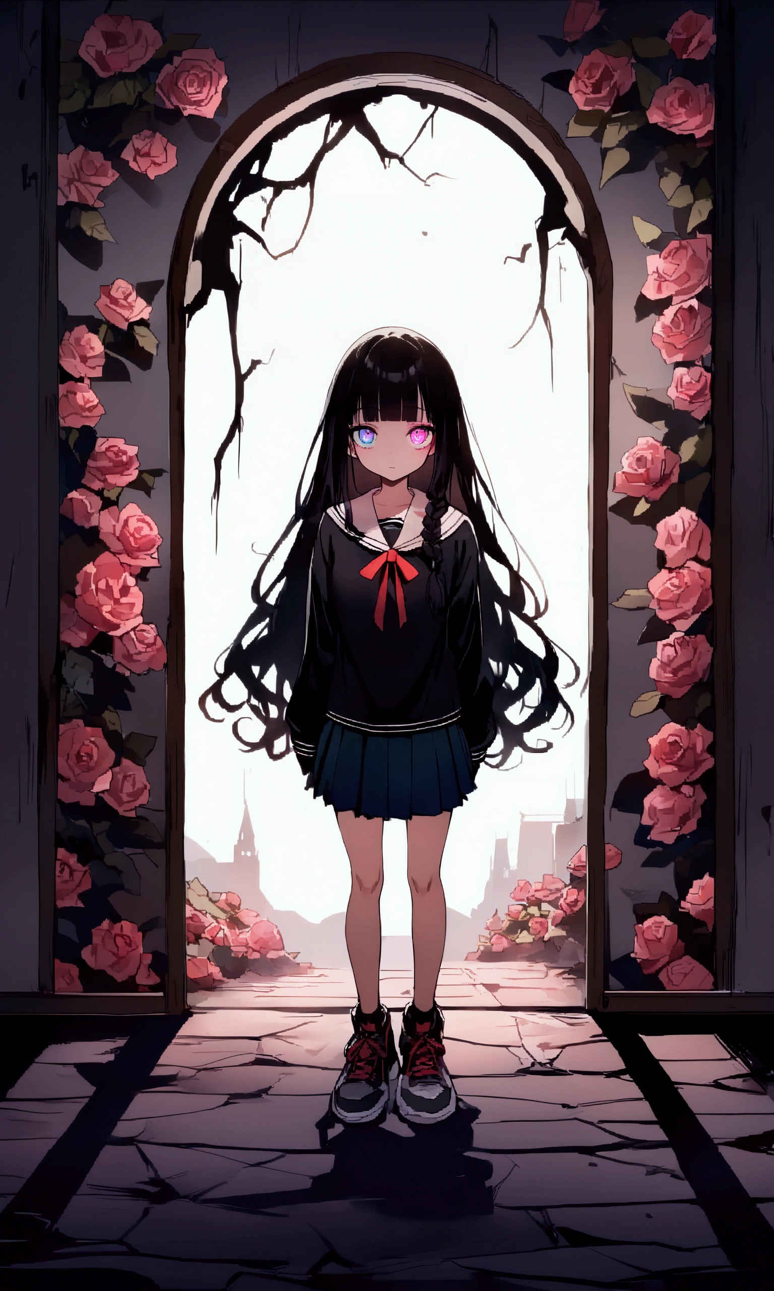 face down、Lewd Eyes、Scornful Eyes、front、super fine illustration,(((beautiful fine hair))),(((beautiful fine face))),(((beautiful fine background))),2人のgirl、Bobcut、Black Hair、Blunt Bangs、PC in the room、Horizontal composition、Step Piece、Highest quality、Best illustration、Super detailed、girl、Pink Rose Long Hair、Black Shirt、Pleated skirt、Side braided hair、crazy、standing with an eerie feeling、Ruined Background、Unusual sneakers、Eyeshadow on eyes、Unusual eye color、Eyes of Terror、Bright eyes、Cool Shot
