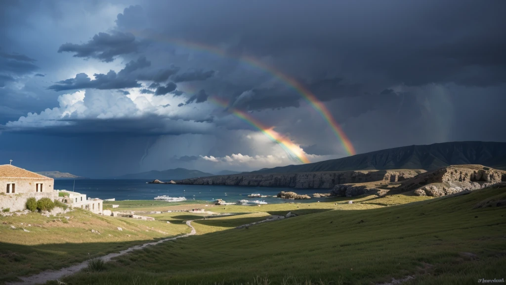 landscape in greece with storm and rainbow