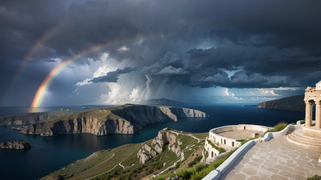 landscape in greece with storm and rainbow