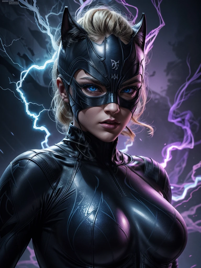 4K UHD illustration, upscaled professional drawing HDR, from DC comics in dynamic pose, full body image (:1.8) stunningly beautiful blonde woman, intense blue eyes, eyebrows toned skin, detailed catwoman mask, gloss white form fitting full length bodysuit, full lips, lips parted looking-into-camera, glowing lightning in background, swirling smoke eminating from fingertips, abandoned dojo background, detailed night time, thunderstorm atmosphere, glowing blue eyes emitting eeire spectral glow, purple lightning thunderstorm in background, 300dpi, masterpiece style, painting style, stroke style in a dark background,watercolor, charcoal, pen & Ink, tshirt design style, aesthetic for Tshirt design, darktone