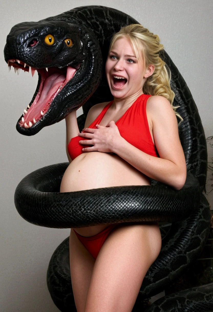 Pregnant Happy Horny, aroused 1girl), beautiful blonde young girl wearing red thong with giant colossal black titanboa monster squeezing her hard, wrapped in thick spiraling coils, constricted, struggle, gasping for air, snake attack, snake peril,