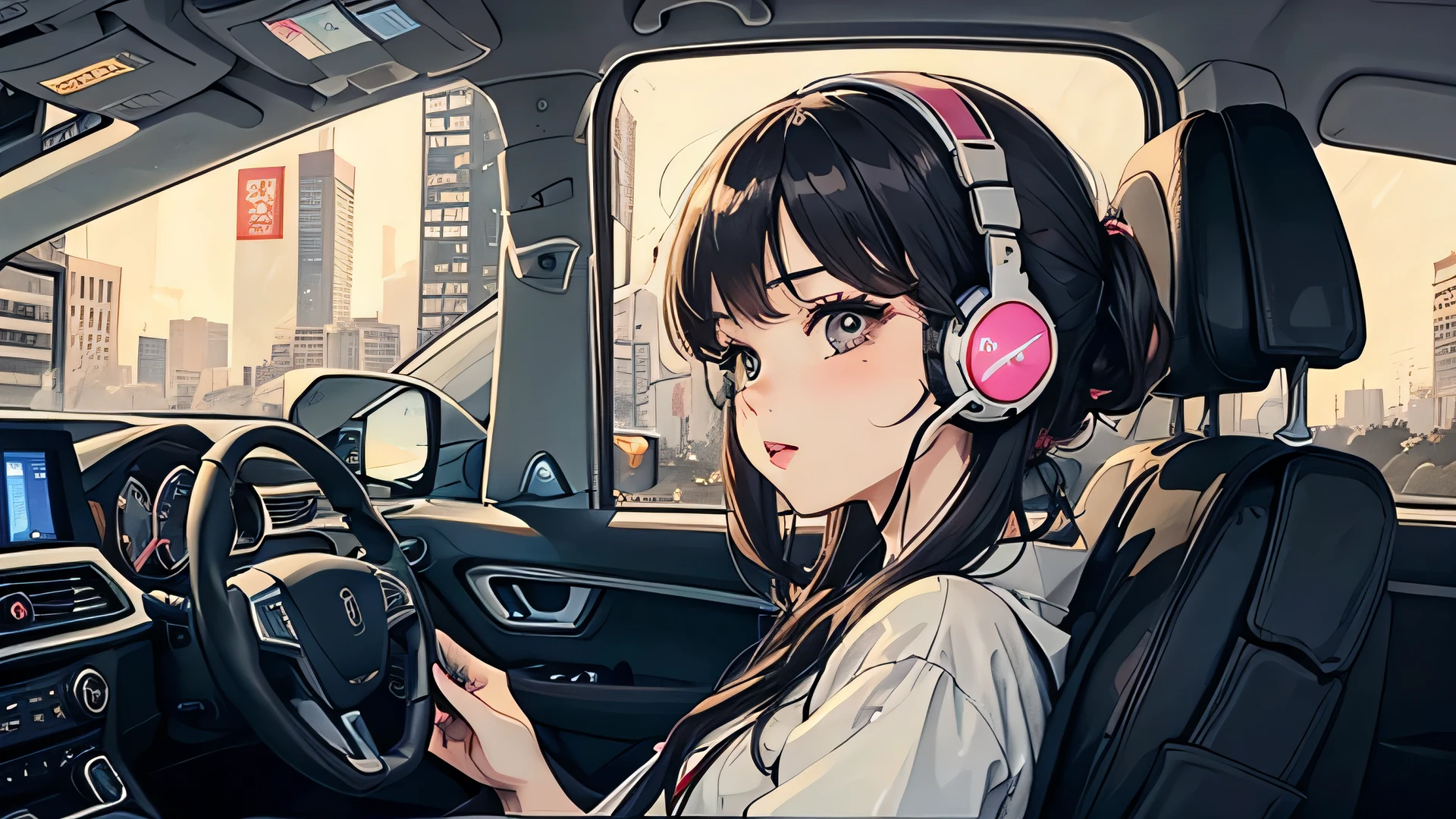 Night City、Woman wearing headphones, 90s anime style, night, In the car, Woman with smartphone,Taking a nap３０30-year-old female、nap、 late night , Sitting in the back seat, (((Detailed face))),Perfect facial details、City Pop, masterpiece,Highest quality、Ultra-high resolution,, lo-fi, Chill, late night, Night drive, In the car, futuristic night view outside the window, Dark Room