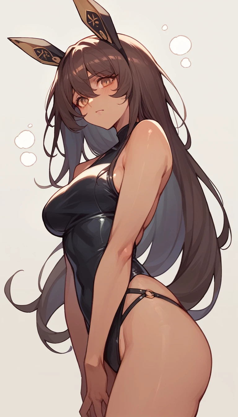 Noir (nod) wearing a black swimsuit 